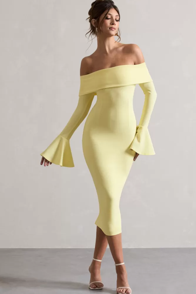 CLUB L LONDON | Robe mi-longue Emma - Manches ballon citronné - Style Bardot rétro - Coupe fluide - Collection Caneton - Élégance estivale abordable
