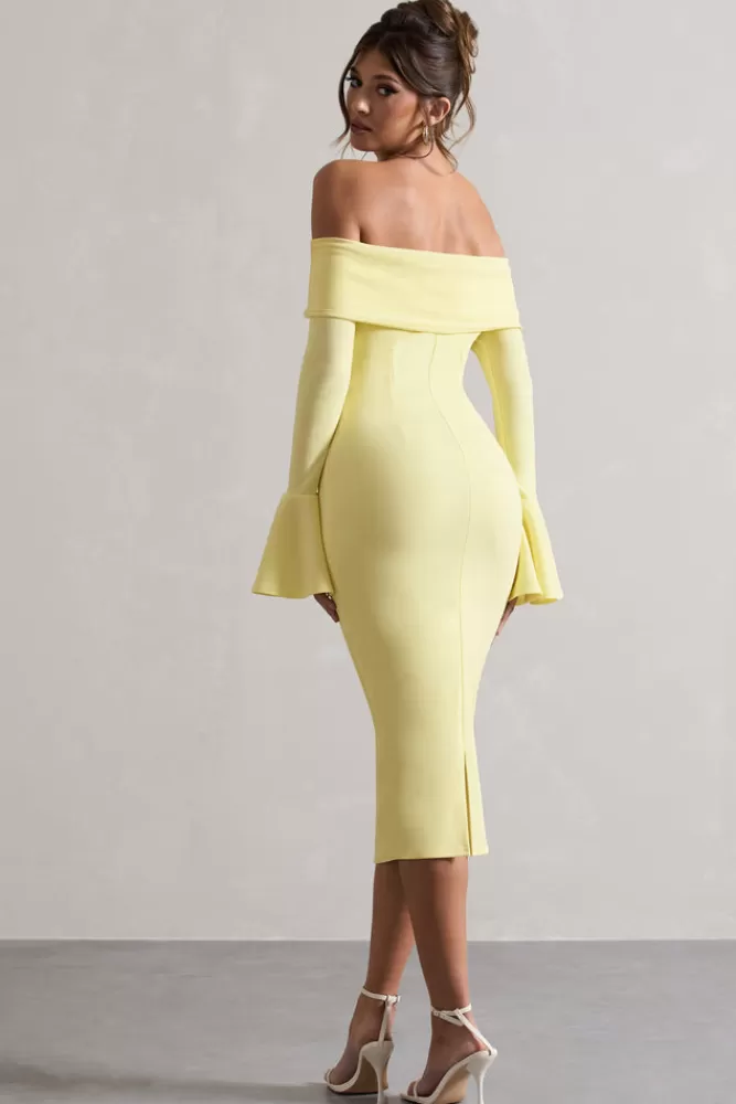 CLUB L LONDON | Robe mi-longue Emma - Manches ballon citronné - Style Bardot rétro - Coupe fluide - Collection Caneton - Élégance estivale abordable