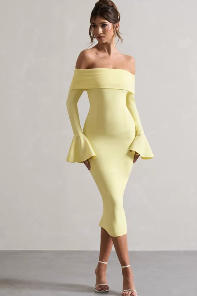 CLUB L LONDON | Robe mi-longue Emma - Manches ballon citronné - Style Bardot rétro - Coupe fluide - Collection Caneton - Élégance estivale abordable