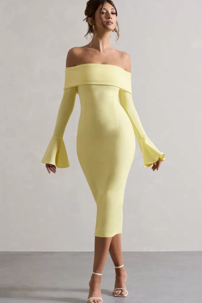 CLUB L LONDON | Robe mi-longue Emma - Manches ballon citronné - Style Bardot rétro - Coupe fluide - Collection Caneton - Élégance estivale abordable
