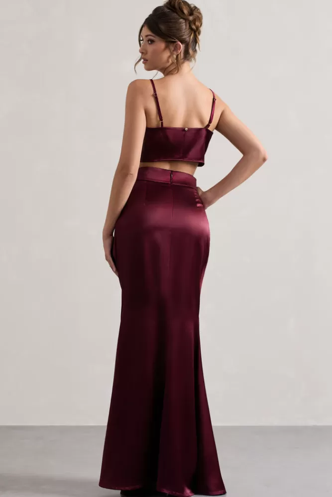 Jupes longues satinées fendues - Ton prune velouté | Collection Élégance Libre by Club L London - Promo Exclusif 24h