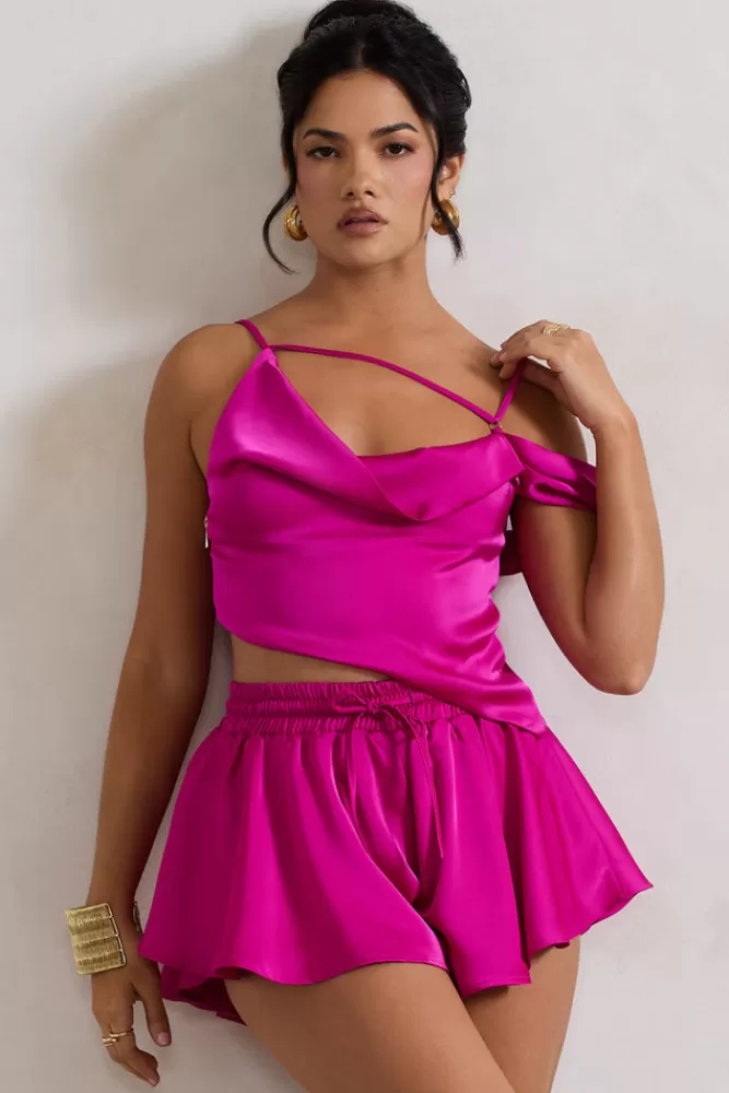 Débardeur asymétrique rose profond à fines bretelles - Collection Hideout by Club L London | Promotion Magenta Exclusive

（：，