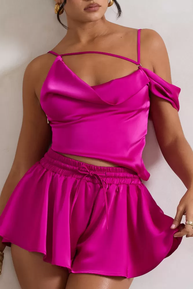 Débardeur asymétrique rose profond à fines bretelles - Collection Hideout by Club L London | Promotion Magenta Exclusive

（：，