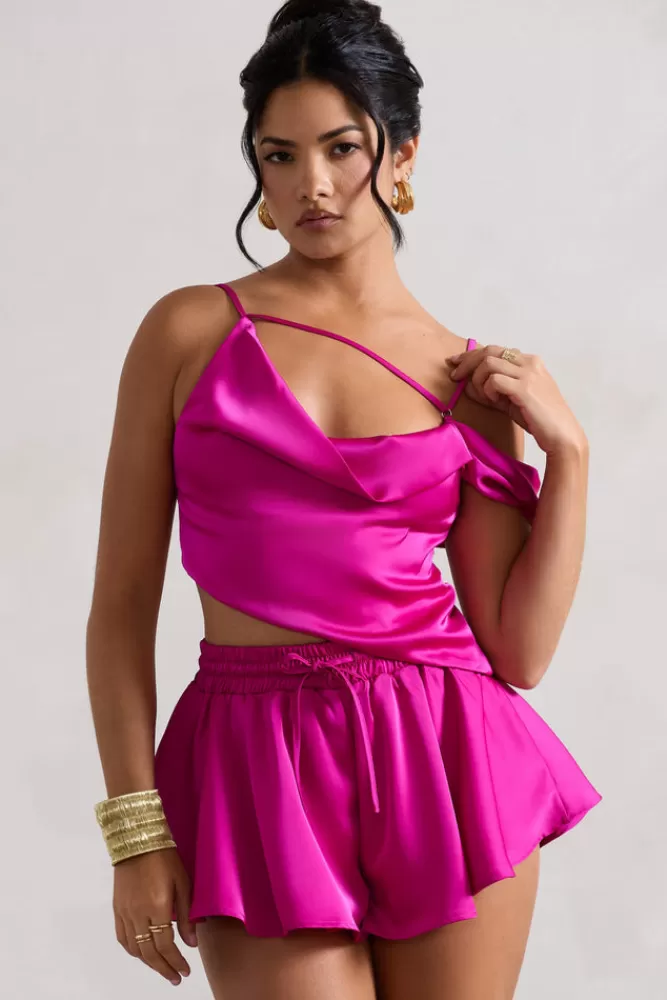 Débardeur asymétrique rose profond à fines bretelles - Collection Hideout by Club L London | Promotion Magenta Exclusive

（：，