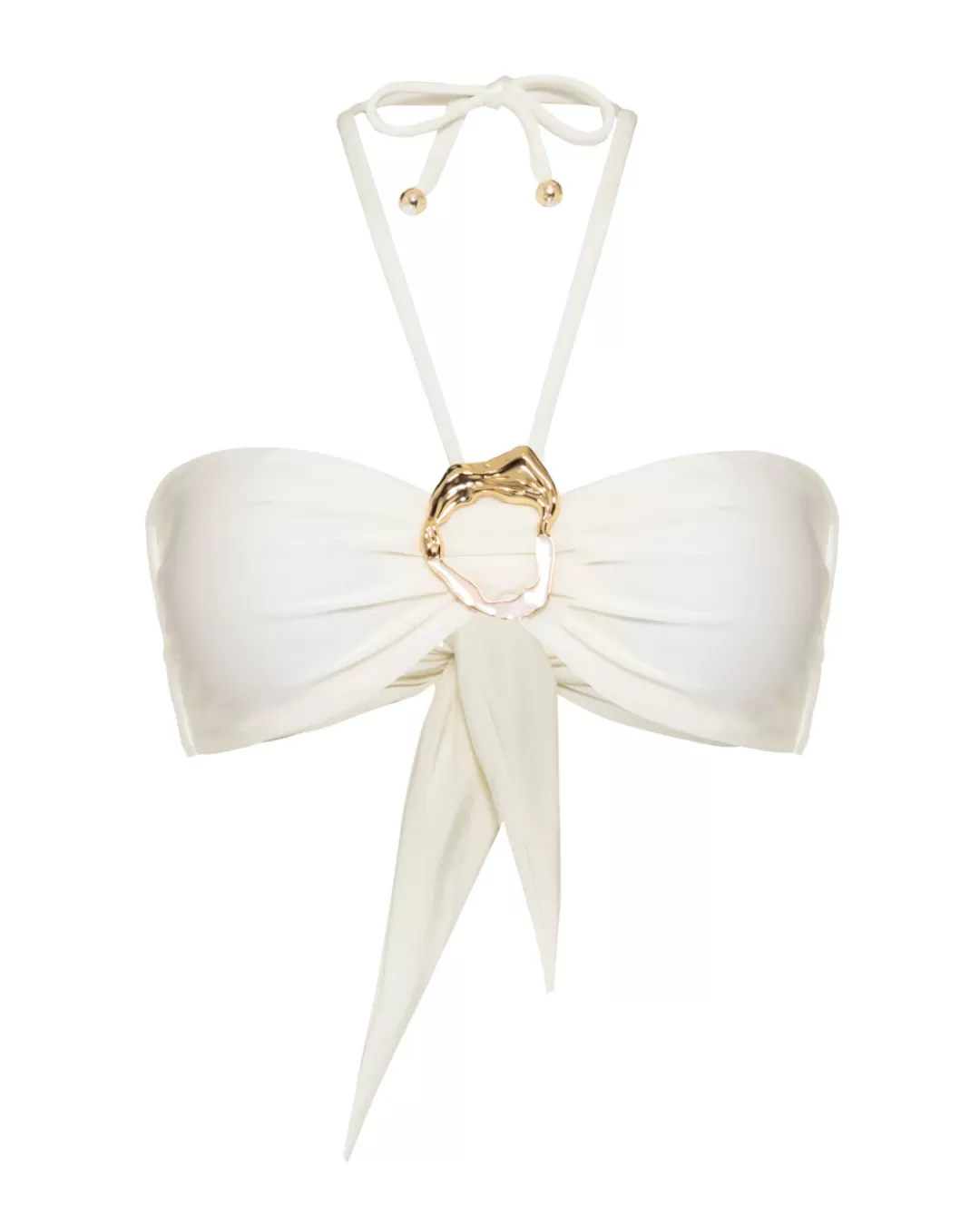 Haut de bikini PatBO en maille douce - Motif minéral sable doré - Taille haute élégante couleur ivoire - Nouvelle collection plage été 2024