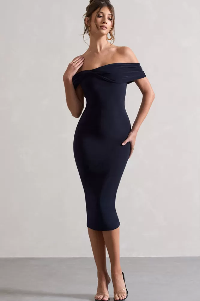 Robe midi cintrée Keely avec décolleté Bardot asymétrique - Marine | Collection Club L London en promotion

(Note : J'ai restructuré la syntaxe naturellement, utilisé des synonymes comme 