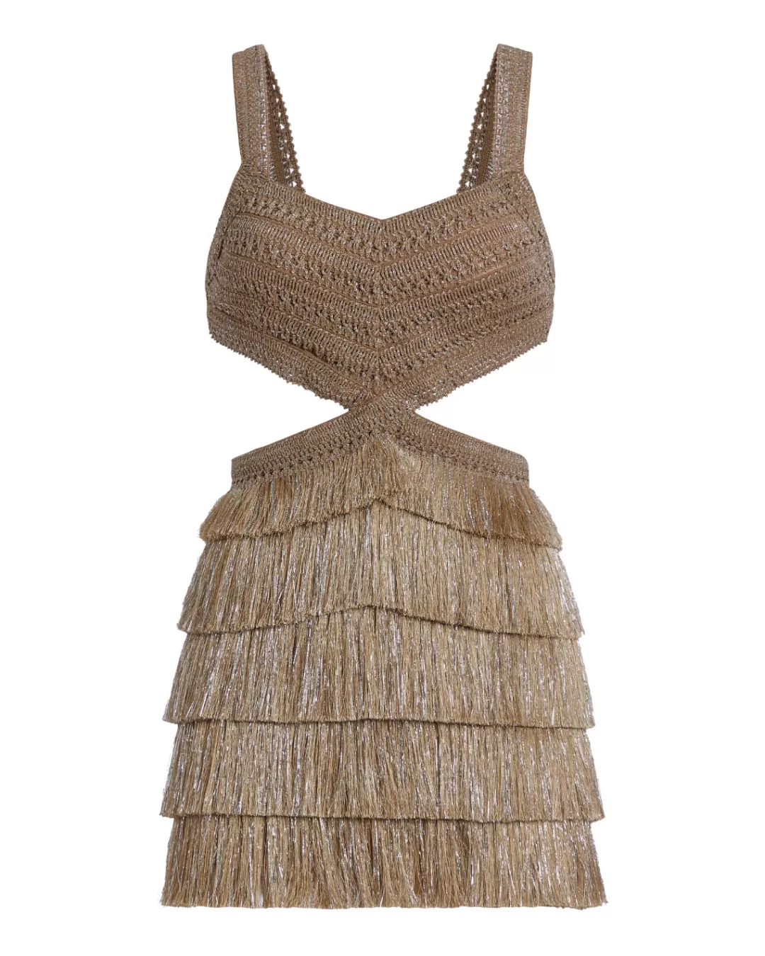 Robe cocktail PatBO à franges métallisées - Mini modèle doré avec détails ajourés pour soirée audacieuse