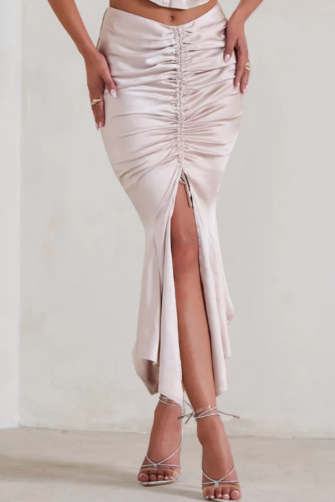 Jupe Longue Élégante en Satin Soie - Fente Romantique & Plissés Délicats | Nuance Champagne Perlé - Nouvelle Collection Club L Per Favore