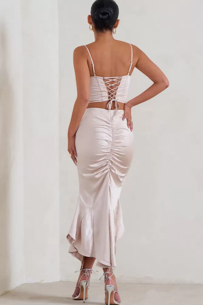 Jupe Longue Élégante en Satin Soie - Fente Romantique & Plissés Délicats | Nuance Champagne Perlé - Nouvelle Collection Club L Per Favore