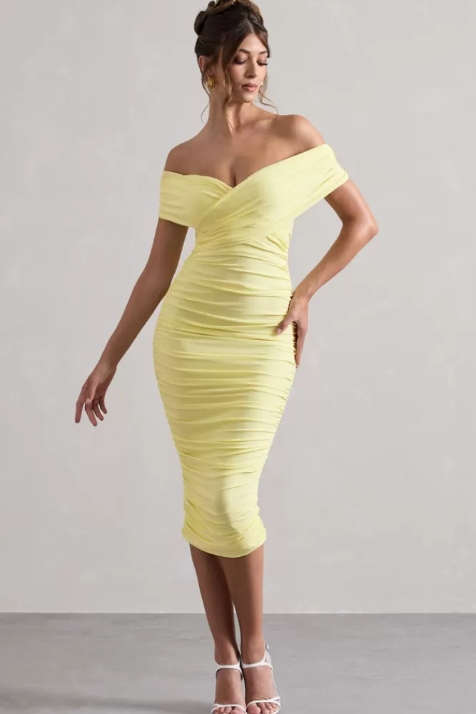 Robe mi-longue Bardot avec détails ruchés et torsadés - Couleur Citron Éclatant | Collection Découverte Club L London