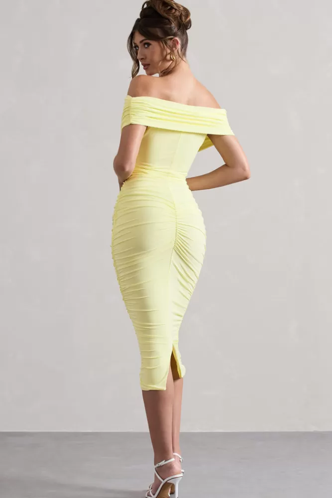 Robe mi-longue Bardot avec détails ruchés et torsadés - Couleur Citron Éclatant | Collection Découverte Club L London