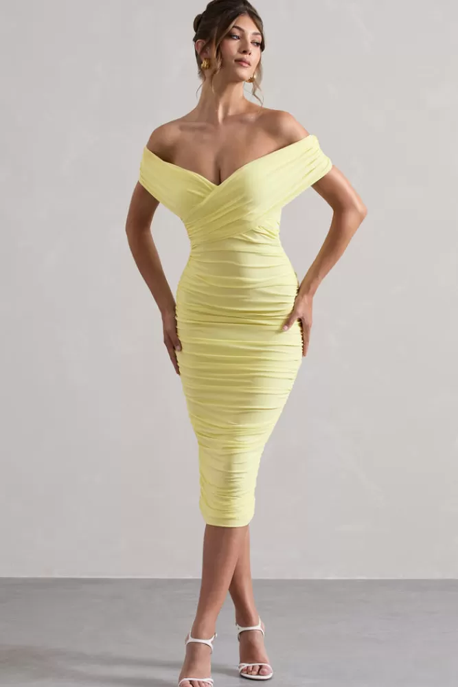 Robe mi-longue Bardot avec détails ruchés et torsadés - Couleur Citron Éclatant | Collection Découverte Club L London