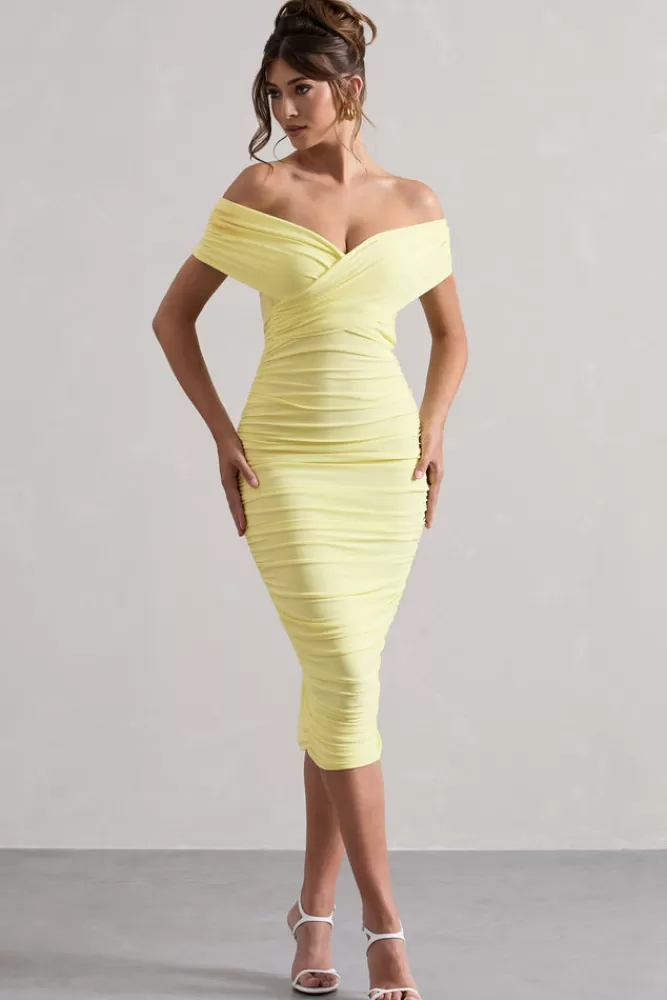 Robe mi-longue Bardot avec détails ruchés et torsadés - Couleur Citron Éclatant | Collection Découverte Club L London