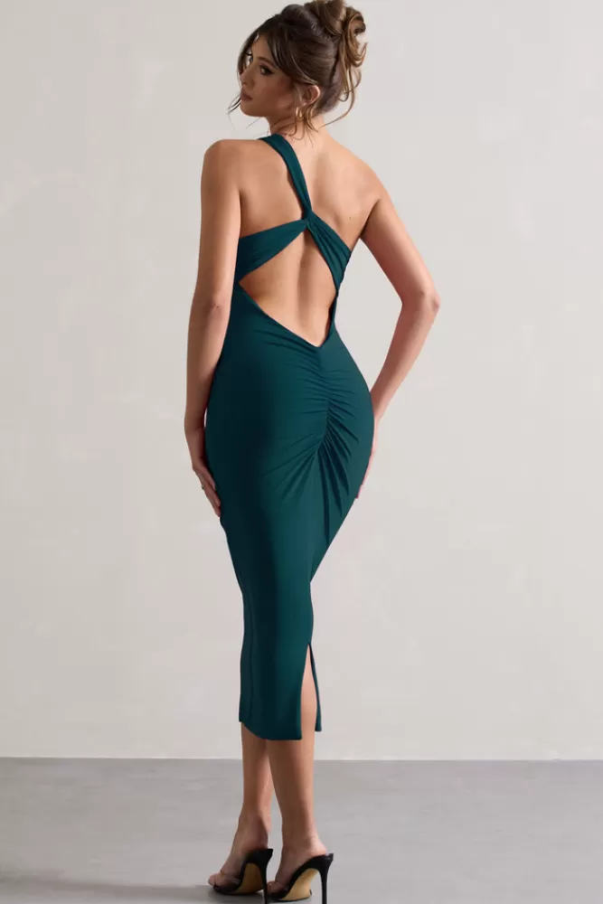 Club L London Vineyard - Robe midi asymétrique dos nu vert bouteille, coupe bodycon flatteuse. Style audacieux à petit prix.