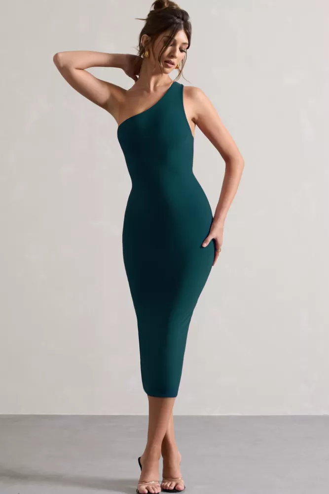 Club L London Vineyard - Robe midi asymétrique dos nu vert bouteille, coupe bodycon flatteuse. Style audacieux à petit prix.