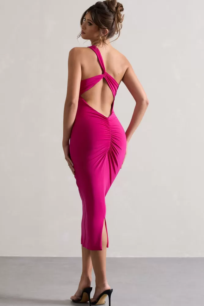 Club L London Vineyard - Robe midi ajustée rose vif asymétrique dos nu pour une silhouette sensuelle - Boutique Hot Pink