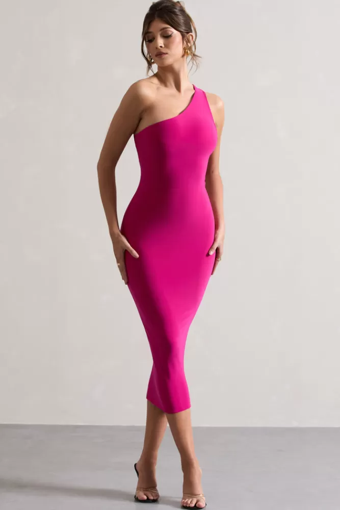 Club L London Vineyard - Robe midi ajustée rose vif asymétrique dos nu pour une silhouette sensuelle - Boutique Hot Pink